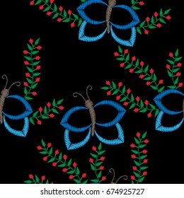 Seamless pattern with butterfly and  berry embroidery stitches imitation. Butterfly and flower embroidery pattern for printing on fabric, paper for scrapbook, gift wrap and wallpapers.