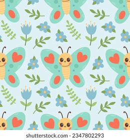 Nahtlose Muster von Schmetterling, blauen Blumen und grünem Blatt auf blauem Hintergrund, Vektorgrafik.