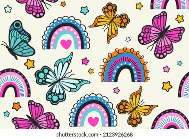 Seamless pattern with butterfly. Bright and repetitive images for printing on bed linen. Picture for child, stylish posters or banners, insects, rainbow and fantasy. Cartoon flat vector illustration