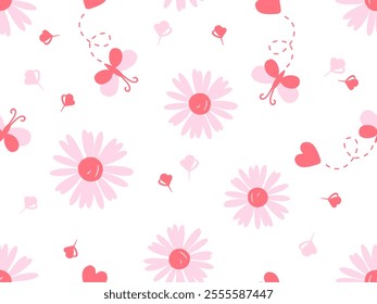 Seamless pattern with butterfly cartoon, pink daisy flower and hearts on white background vector.