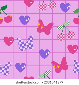 Seamless pattern butterfly cherry 2000s in y2k style. Illustration for textile, paper, fabric, background, print design. Vector