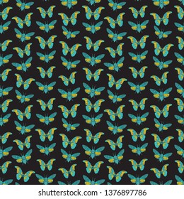 Seamless pattern with butterfly cicadas sketch, yellow orange olive green blue contour on dark black background. simple art. Can be used for Gift wrap, fabrics, wallpapers. Vector