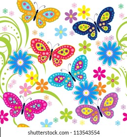 Patrón transparente con mariposa/Patrón sin soldadura con mariposas y flores de color