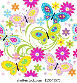 Seamless pattern with butterfly / Seamless pattern with colored butterflies and flowers