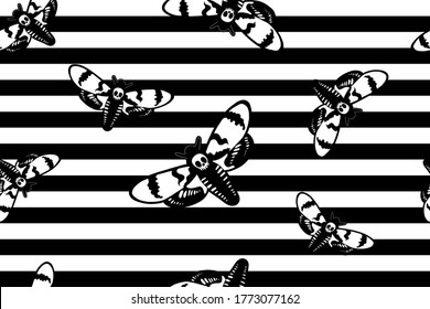 Seamless pattern with butterfly dead head. Hand drawn stock vector illustration. Retro style ink sketch.