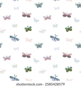 Seamless Pattern with Butterfly Design on White Background. Hand Drawn Vector Illustration. Not AI Generated.