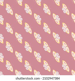 Seamless pattern with butterfly in diagonal row on dust rose background. Hand drawn vector illustration.
