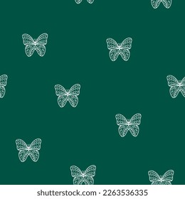 seamless pattern with butterfly and dots.Elegant bright print for wallpaper,birthday decoration,kids fabric,bedroom interior,home decor, illustration in doodle style on dark green background.