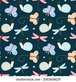 Seamless Pattern with Butterfly, Dragonfly and Snail Design on Deep Blue Background