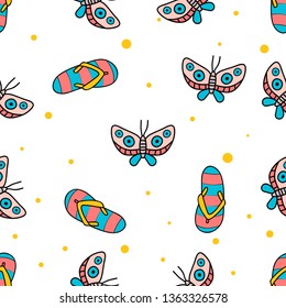 Seamless Pattern of Butterfly and flipflop hand drawn in cute colorfull doodle vector