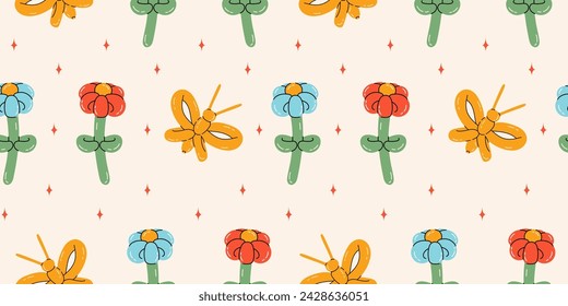 Seamless pattern with butterfly, flower balloons. Bright colorful repeating elements. Stock illustration. Vector seamless pattern of cute cartoon bubble animal in color.