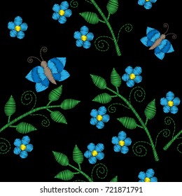 Seamless pattern with butterfly and flower embroidery stitches imitation. Template for fabric, textile, patch or print. Fashion butterfly and flower embroidery. 