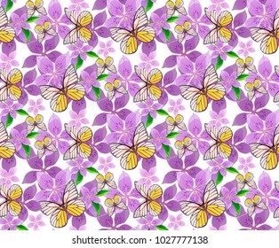 Seamless pattern with butterfly & flower vector illustration in vintage style.