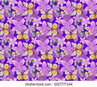 Seamless pattern with butterfly & flower vector illustration in vintage style.