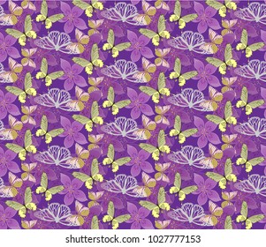 Seamless pattern with butterfly & flower vector illustration in vintage style.