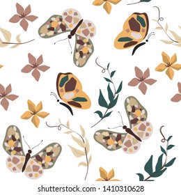 Seamless pattern with butterfly and flowers. Cartoon vector illustration in flat style. Good for wrapping paper, textile and backgrounds.