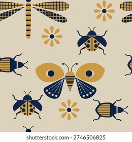 Seamless pattern with butterfly, flowers, dragonfly and beetles.