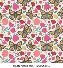 Nahtloses Muster mit Schmetterling und Blumen im flachen Stil, Vektorformat