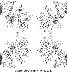 Seamless pattern with butterfly and flowers. Floral vector illustration, romantic background. Beautiful vintage design.