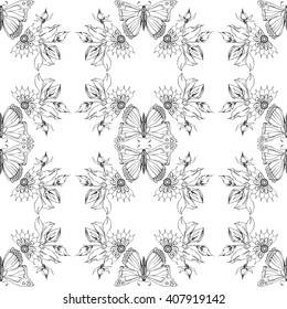 Seamless pattern with butterfly and flowers. Floral vector illustration, romantic background. Beautiful vintage design.