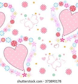 Seamless pattern with butterfly, flowers and hearts on white background