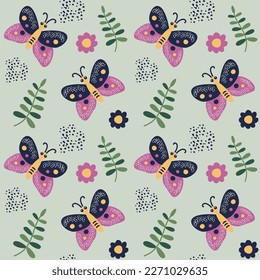 Seamless pattern with butterfly, flowers and leaves. Insect and plants. Vector illustration in cartoon style.