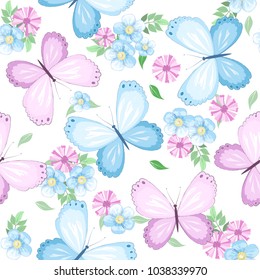 seamless pattern with butterfly and flowers on white background, vector illustration