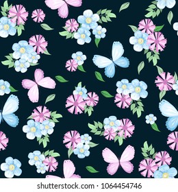 seamless pattern with butterfly and flowers on dark background, vector illustration