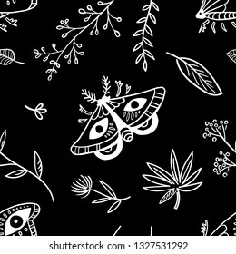 Seamless pattern. Butterfly with a pattern in the form of eyes on the wings among the flowers and herbs. Hand drawn vector illustration. Isolated on a black background.