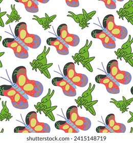 seamless pattern with butterfly and grasshopper in vector . Template for design, print, background, packaging, book, wrapping paper, fabric.