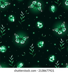 Seamless pattern with butterfly and green gems. Magical pattern.