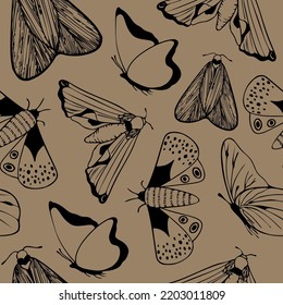 Patrón sin foco con mariposa. Ilustración vectorial dibujada a mano en estilo de arte de línea. Elementos decorativos para el diseño. El concepto de Wings está decorado con hermosos colores