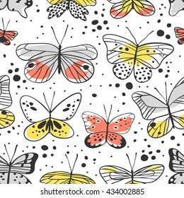 Seamless pattern with butterfly. Hand drawn vector illustration. Decorative elements for design. Black contour drawing. Creative ink art work
