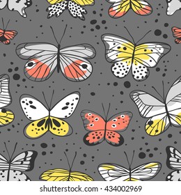 Seamless pattern with butterfly. Hand drawn vector illustration. Decorative elements for design. Black contour drawing. Creative ink art work