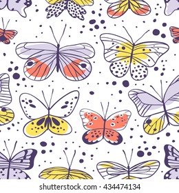 Seamless pattern with butterfly. Hand drawn vector illustration. Decorative elements for design. Black contour drawing. Creative ink art work