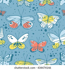 Seamless pattern with butterfly. Hand drawn vector illustration. Decorative elements for design. Black contour drawing. Creative ink art work