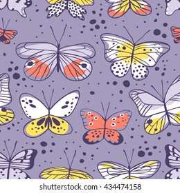 Seamless pattern with butterfly. Hand drawn vector illustration. Decorative elements for design. Black contour drawing. Creative ink art work