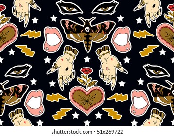 Seamless pattern. Butterfly, hands, heart and lips. Print on tshirts and other materials. Set of stickers, pins, patches and handwritten notes collection in cartoon. Vector illustration