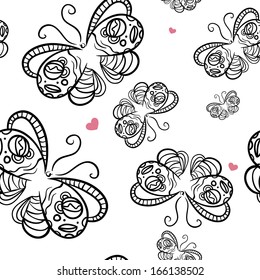 Seamless pattern with butterfly and heart. Vector