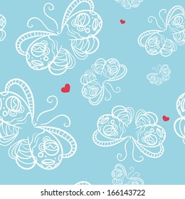 Seamless pattern with butterfly and heart. Vector