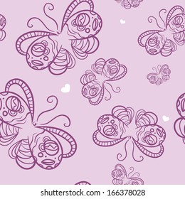 Seamless pattern with butterfly and heart. Vector