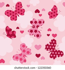 Seamless Pattern With  Butterfly, Hearts. Cute Seamless.