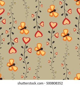 Seamless pattern with butterfly, hearts, flowers. Cute seamless.