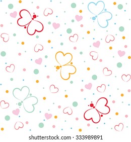 Seamless pattern with butterfly and hearts on white background