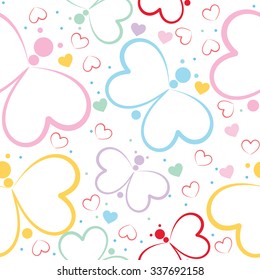 Seamless pattern with butterfly and hearts on white background