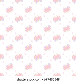 Seamless pattern with butterfly, hearts and star on white background.  Baby cartoon background. Good for birthday, wallpaper, pattern, surface textures, printing onto fabric and paper.
