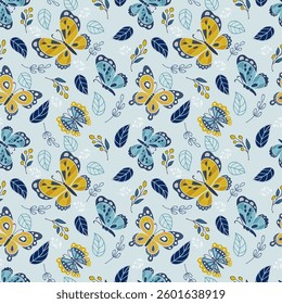 Seamless pattern of butterfly and leaf design for fabric textile wallpaper gift wrapping fashion print design background.