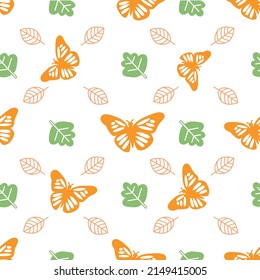 Seamless pattern with butterfly and leaves on white background. Design for wallpaper, fabrics, posters, packaging, cards. Ecological concept.