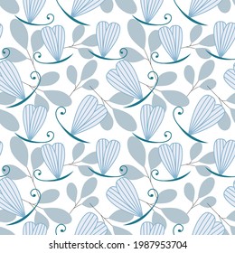 Seamless pattern with Butterfly and leaves in pastel blue color in  Scandinavian style for fabrics, paper, textile, gift wrap isolated on white background
