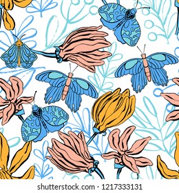 Seamless pattern with butterfly, lilium, ylang, roses, carnation flowers. Colorful vector illustration. Print for home textile and clothes, fabric, textile